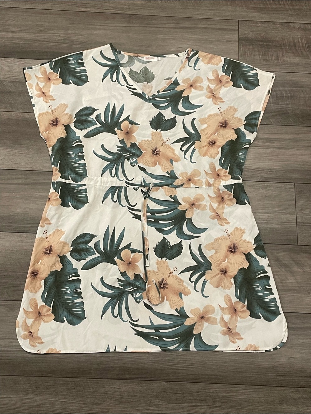 Women’s Floral V-Neck Drawstring Tunic - Cream with Green and Tan Floral Print